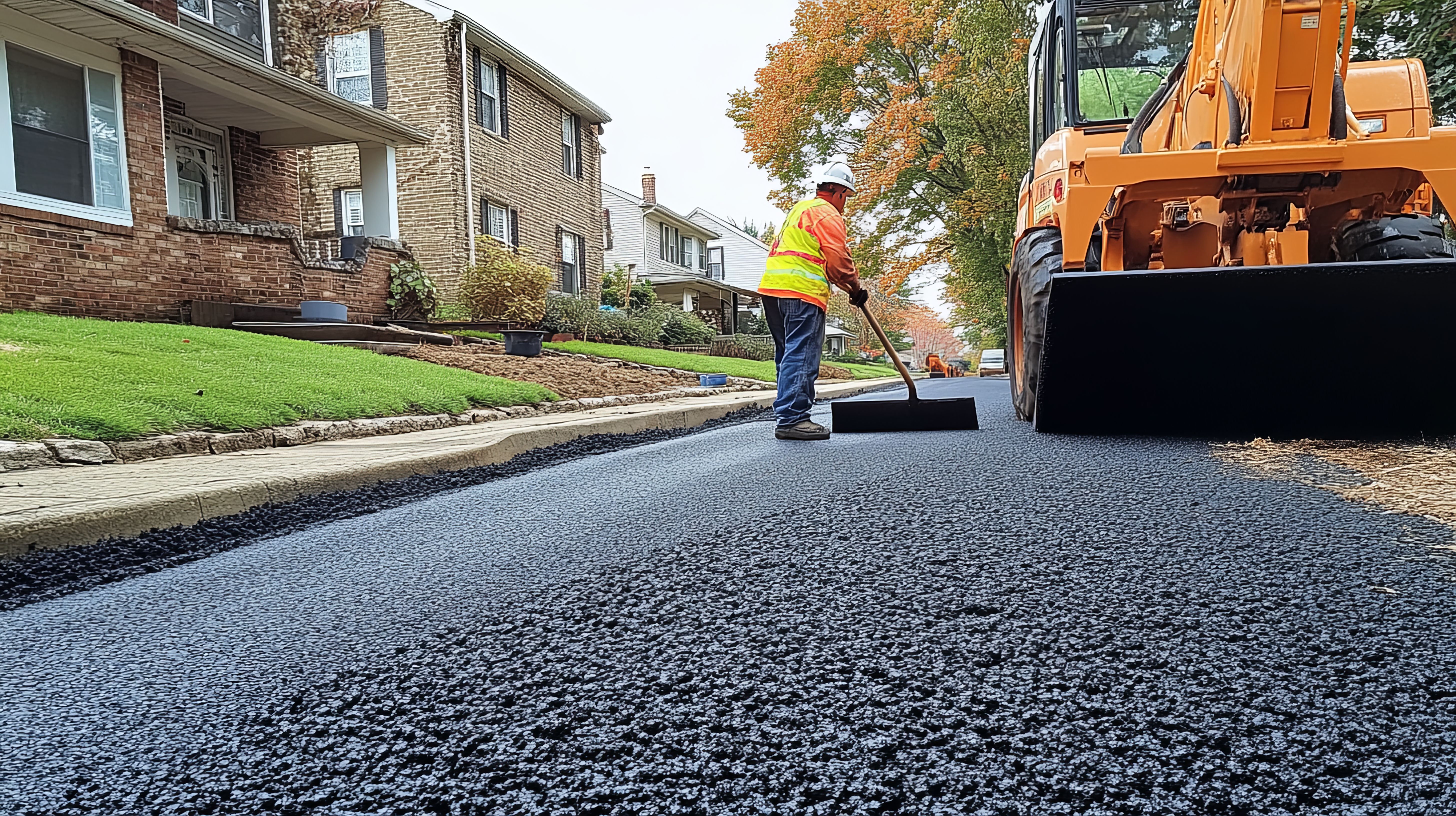construction worker spreading fresh asphalt street